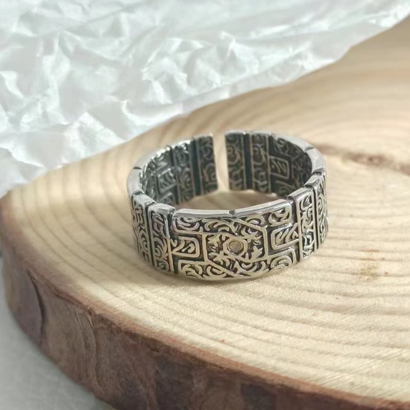 Vintage Tang Grass Pattern Silver Ring for Men - Handmade Gothic Punk Open Jewelry