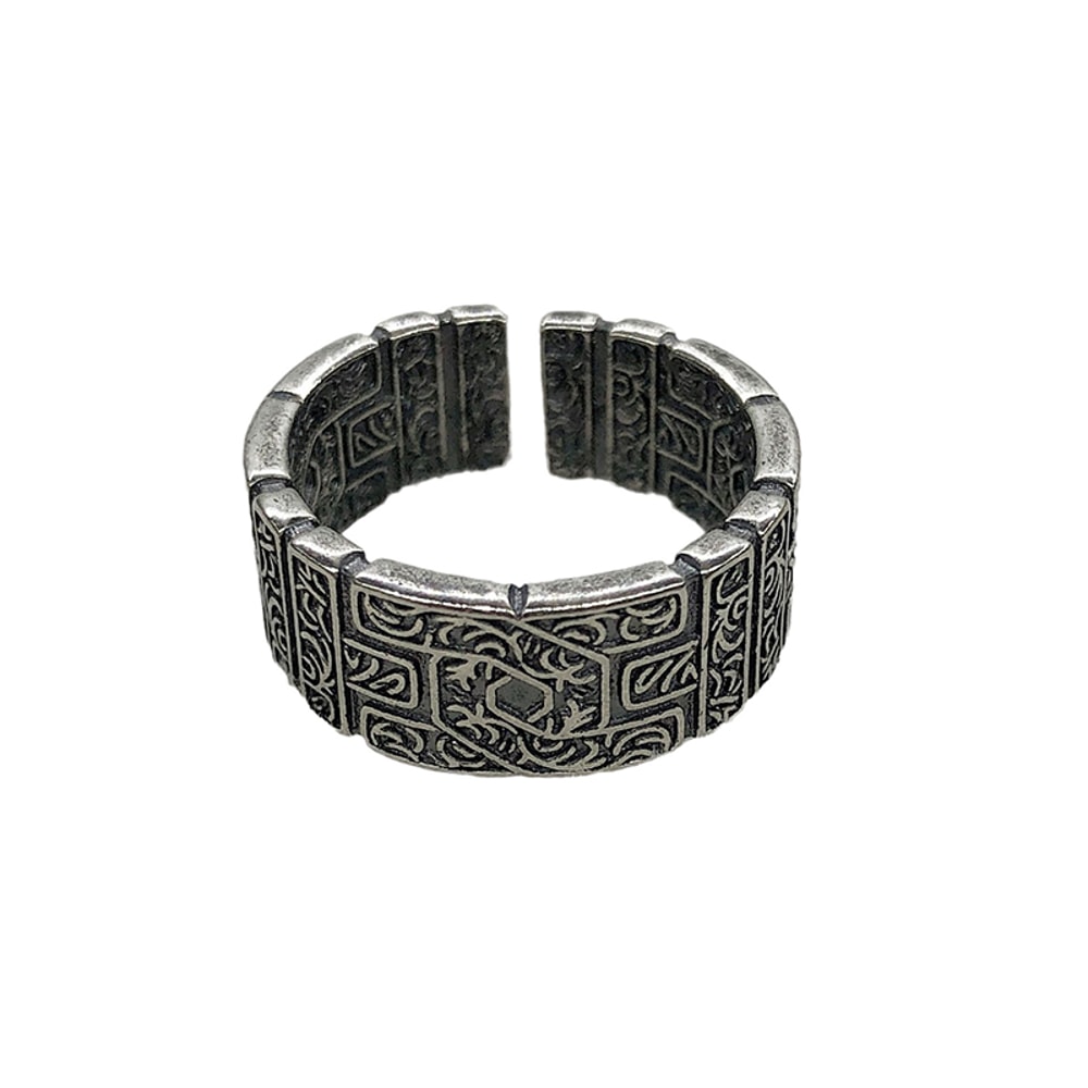 Vintage Tang Grass Pattern Silver Ring for Men - Handmade Gothic Punk Open Jewelry