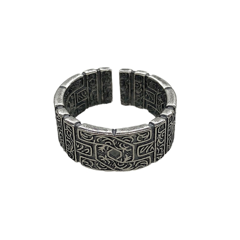 Vintage Tang Grass Pattern Silver Ring for Men - Handmade Gothic Punk Open Jewelry