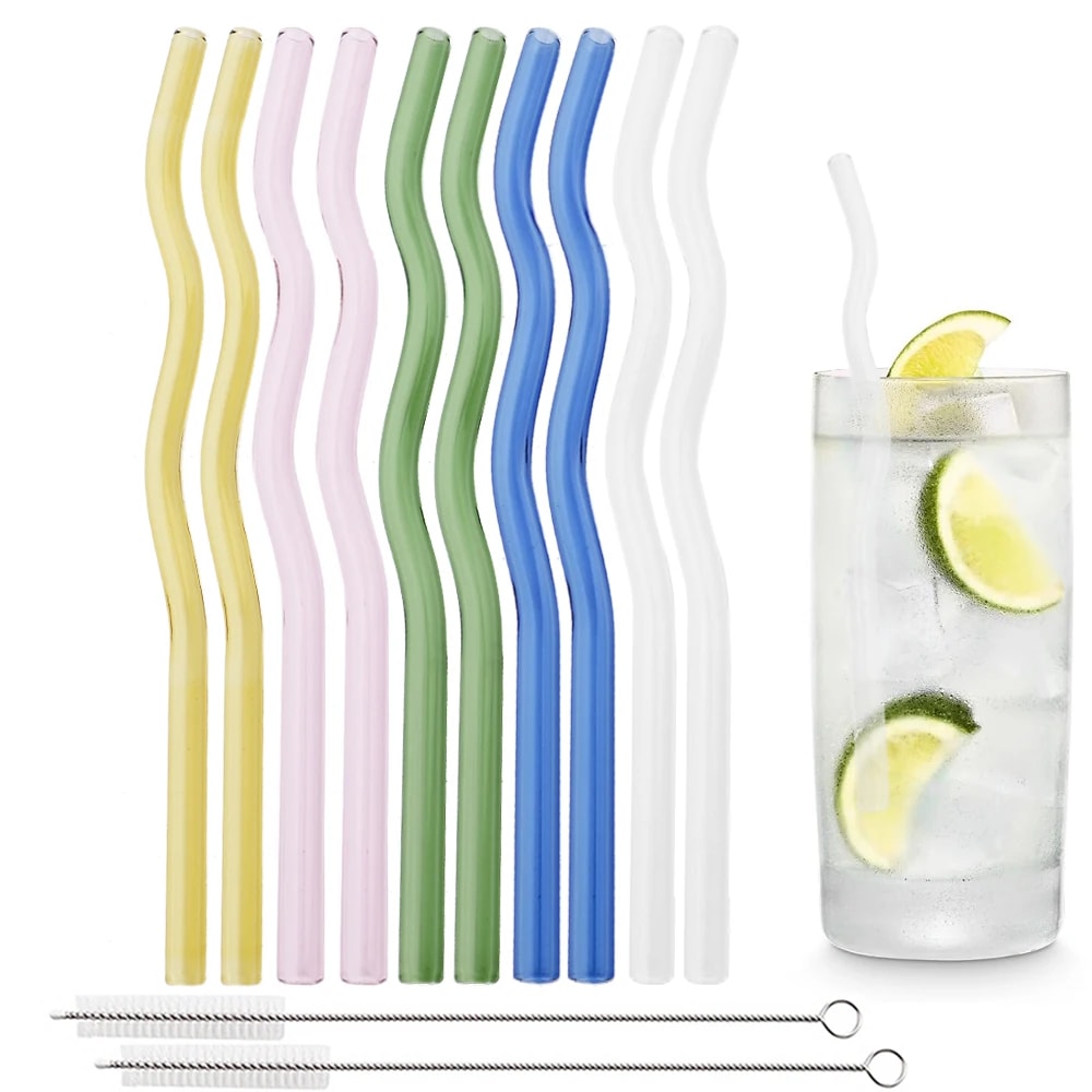 Reusable Glass Straws Ecofriendly Wavy Design With Cleaning Brushes 0