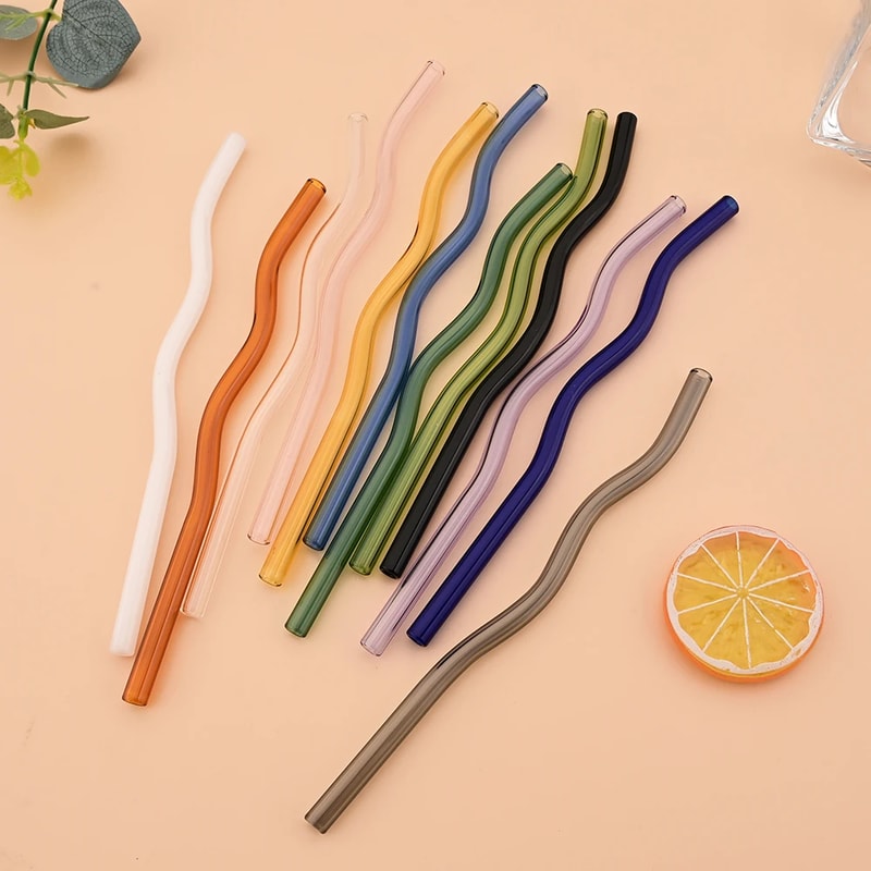 Reusable Glass Straws Ecofriendly Wavy Design With Cleaning Brushes 1