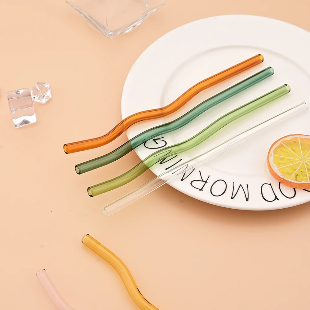 Reusable Glass Straws Ecofriendly Wavy Design With Cleaning Brushes 3