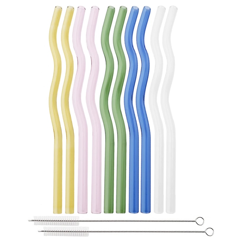 Reusable Glass Straws Ecofriendly Wavy Design With Cleaning Brushes 6