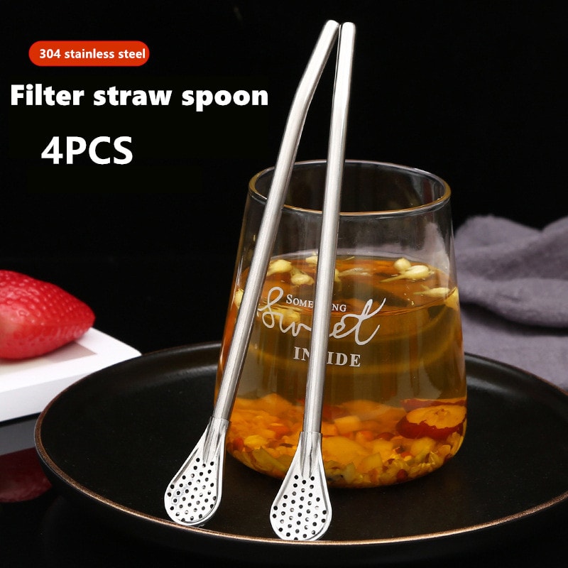 Reusable Stainless Steel Drinking Straw Spoon With Brush Detachable Tea Filter For Drinks Bar And