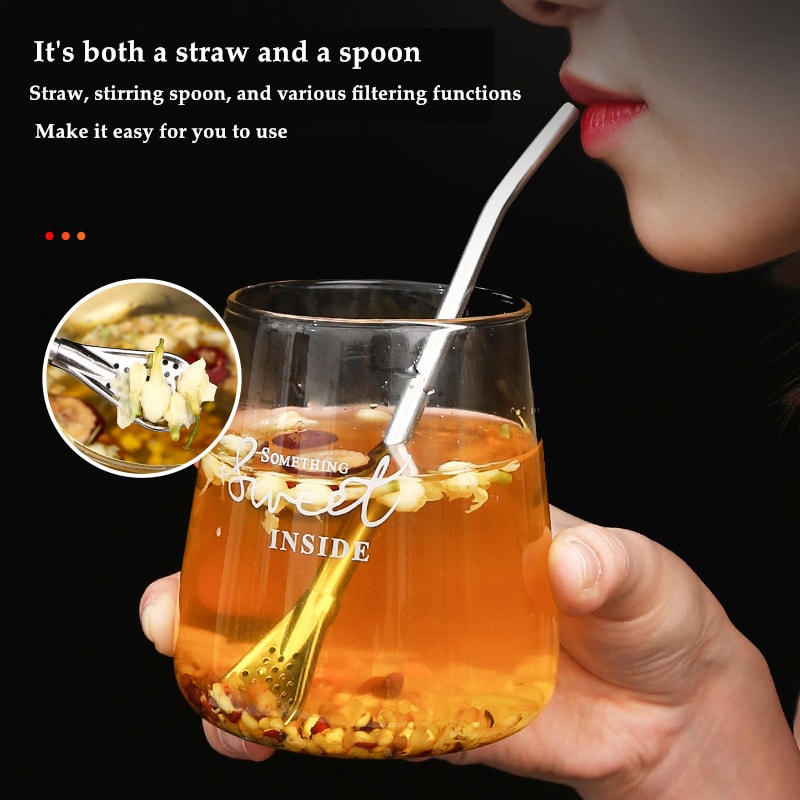 Reusable Stainless Steel Drinking Straw Spoon With Brush Detachable Tea Filter For Drinks Bar And
