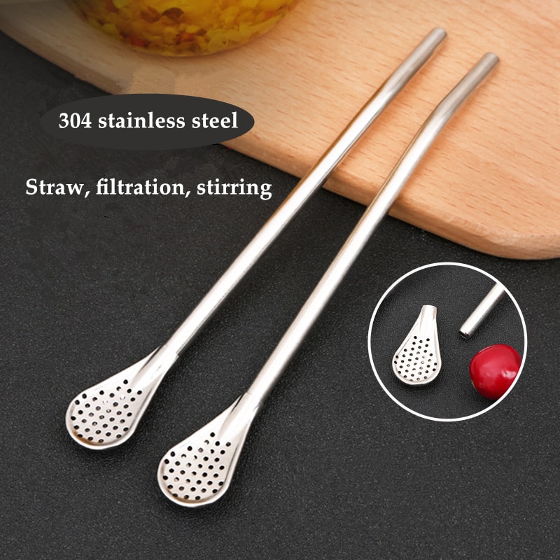 Reusable Stainless Steel Drinking Straw Spoon With Brush Detachable Tea Filter For Drinks Bar And