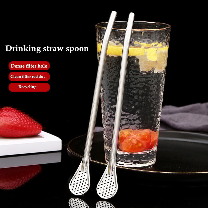 Reusable Stainless Steel Drinking Straw Spoon With Brush Detachable Tea Filter For Drinks Bar And
