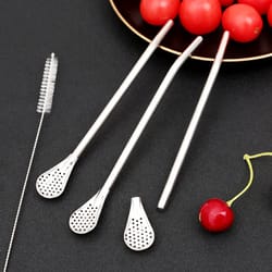 reusable stainless steel drinking straw spoon with brush - detachable tea filter for drinks, bar, and party use