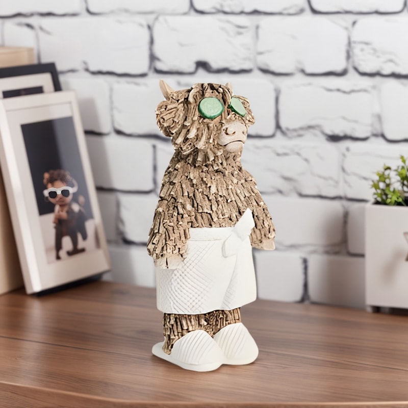 Whimsical Highland Cow Bathrobe Figurine for Home Desktop Decoration