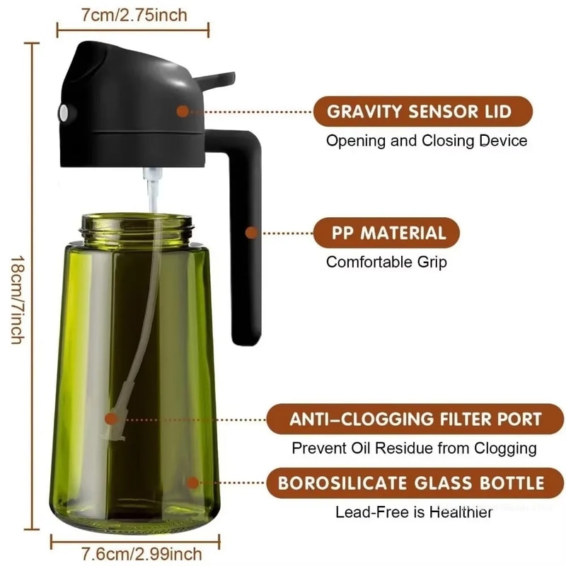 Olive Oil Dispenser Bottle - Dark Green Glass with Light-Blocking Sprayer for Cooking