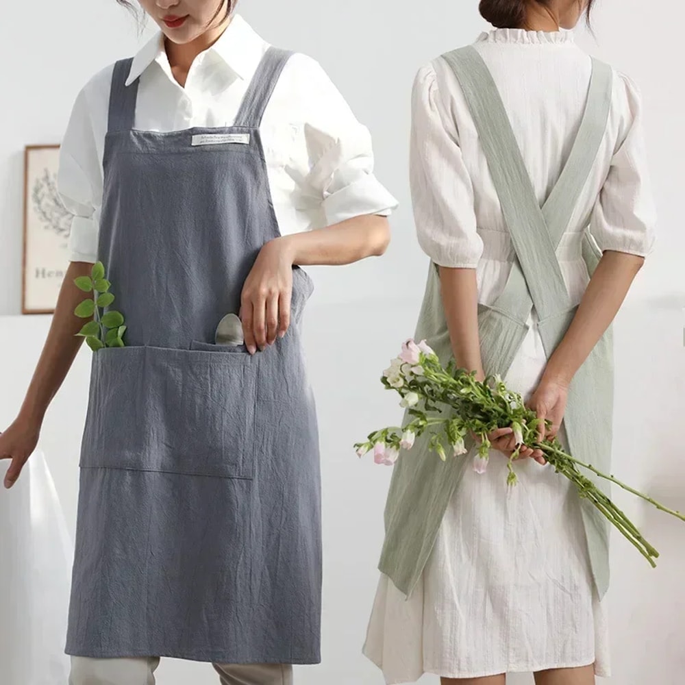 Women Japanese Korean Denim Apron Cotton Linen Solid Color Kitchen Apron 3
