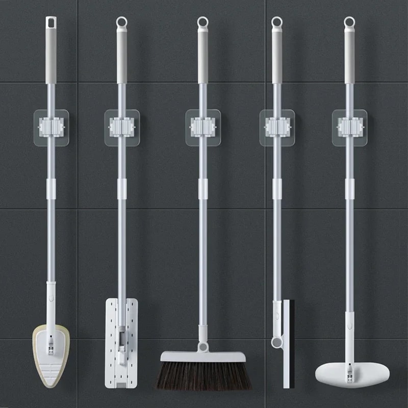 Waterproof Wall-Mounted Mop Storage Rack – Suction Hanging Broom Hanger for Bathroom & Kitchen, Traceless Acrylic Clip