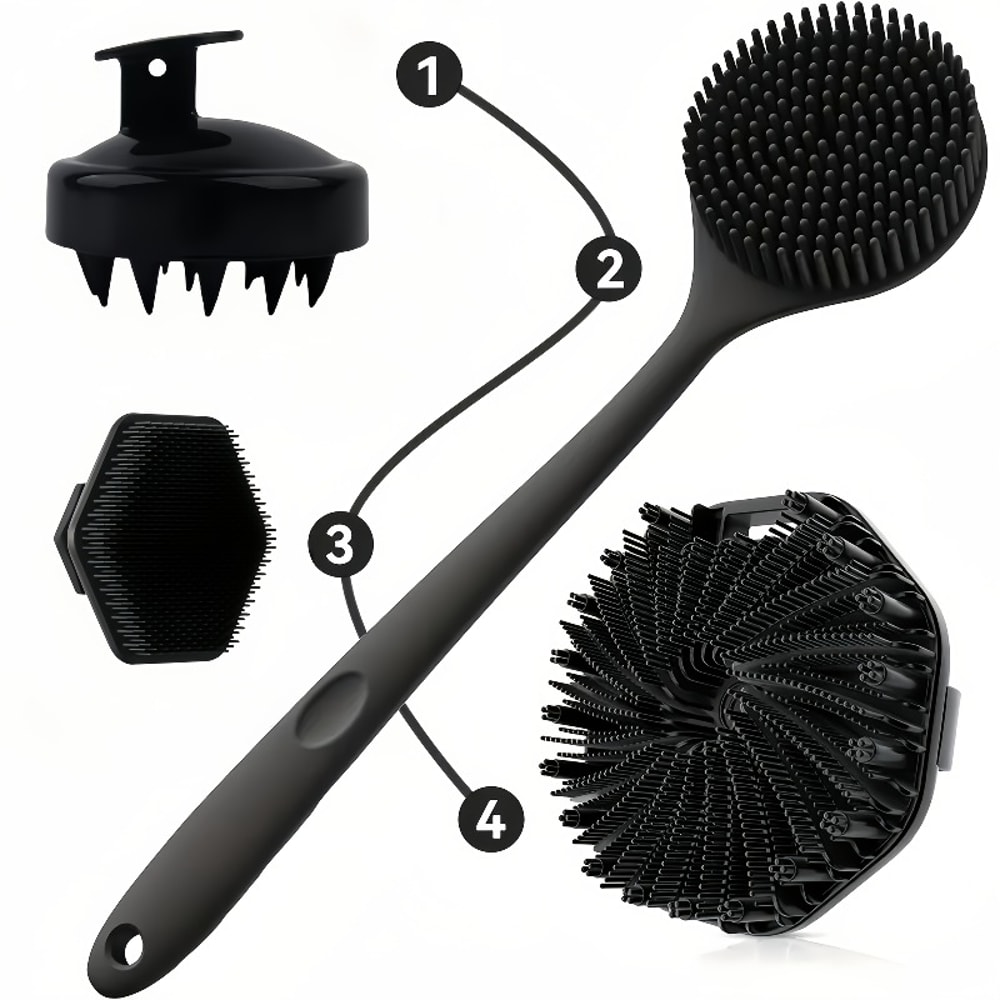 Silicone Bath Brush Set – Long Handle, Exfoliating Massage Brushes for Body, Back, and Face