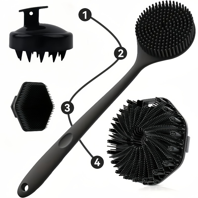 Silicone Bath Brush Set – Long Handle, Exfoliating Massage Brushes for Body, Back, and Face