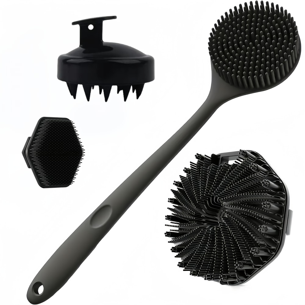 Silicone Bath Brush Set – Long Handle, Exfoliating Massage Brushes for Body, Back, and Face