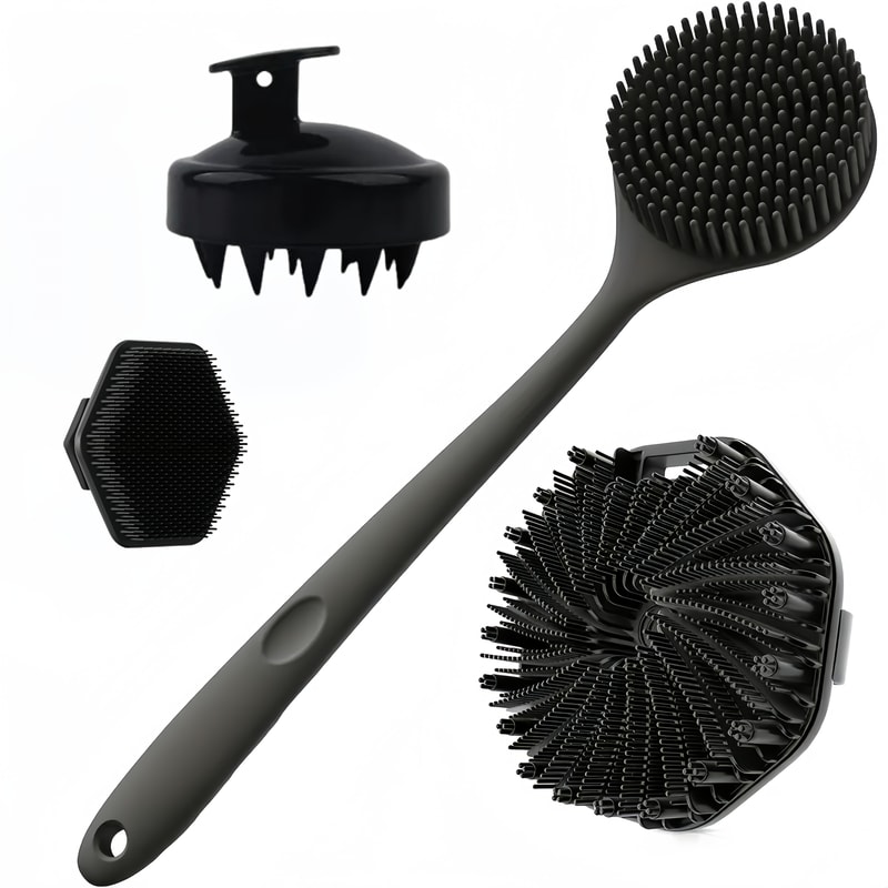Silicone Bath Brush Set – Long Handle, Exfoliating Massage Brushes for Body, Back, and Face