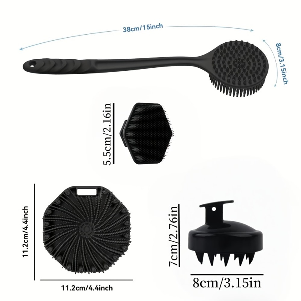 Silicone Bath Brush Set – Long Handle, Exfoliating Massage Brushes for Body, Back, and Face