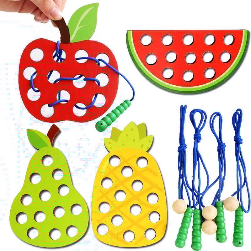 Wooden Lacing Toy For Toddlers Educational Fruit Threading Puzzle Set Fine Motor Skill Development 0