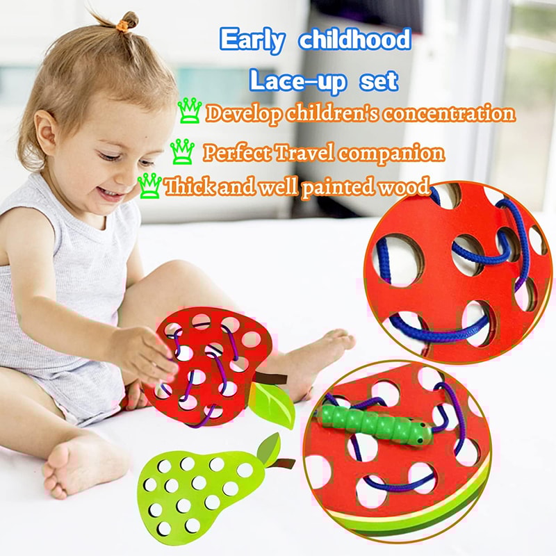 Wooden Lacing Toy For Toddlers Educational Fruit Threading Puzzle Set Fine Motor Skill Development 3
