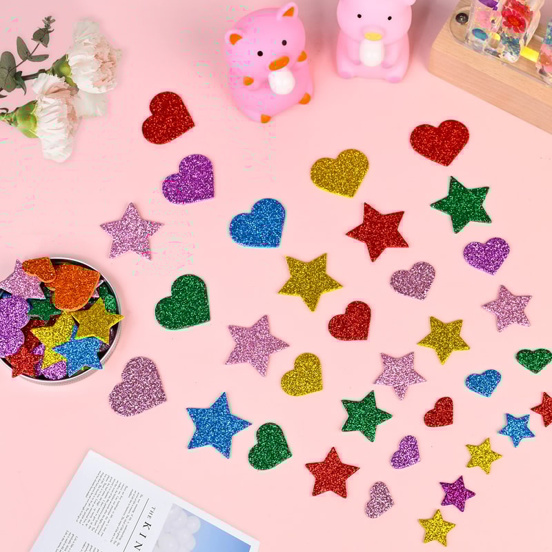 Pieces Colorful Glitter Foam Stickers - Self-Adhesive Stars & Mini Heart Shapes, Perfect for Kids' Arts and Crafts
