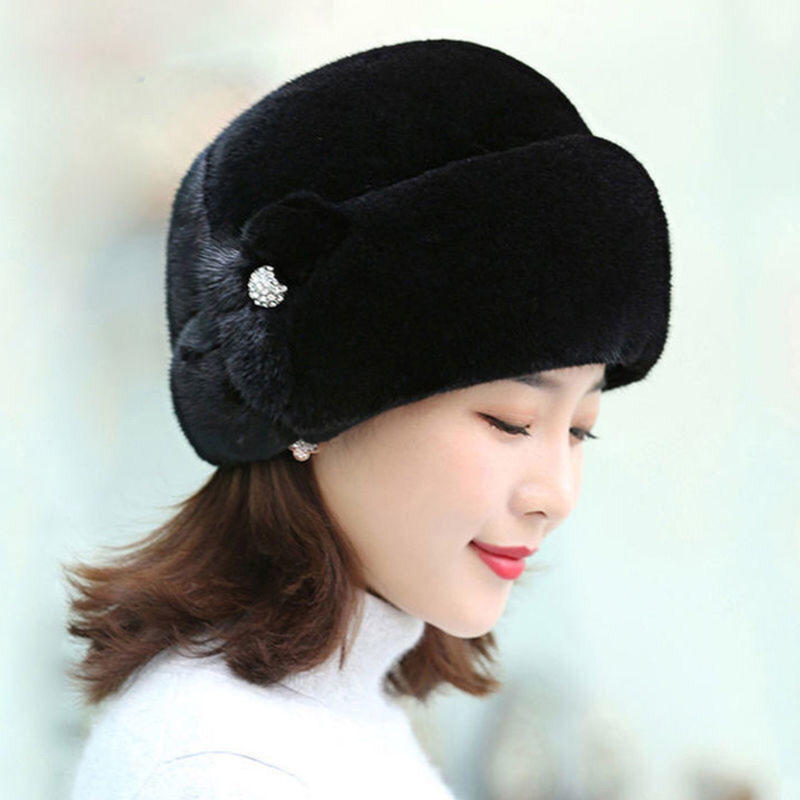 Imitation Mink Fur Caps For Women Fisherman Earwarmer Hat New Winter Warm Hat Floral Basin Cap 0