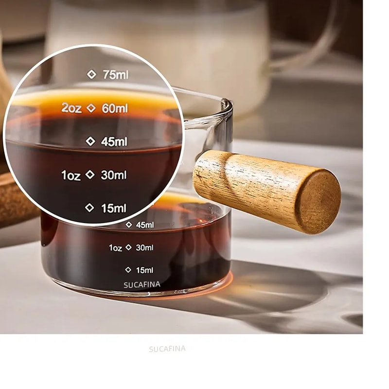 Glass Espresso Measuring Cup with Wood Handle – Double & Single Mouth Coffee Mug