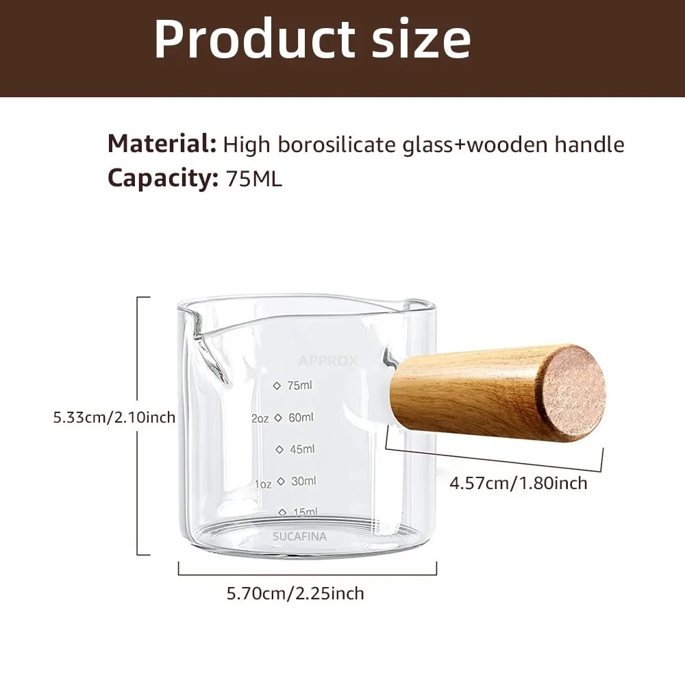 Glass Espresso Measuring Cup with Wood Handle – Double & Single Mouth Coffee Mug