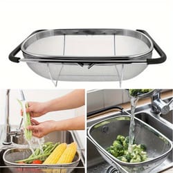 stainless steel over sink colander with telescopic handle – metal mesh strainer basket for fruits & vegetables