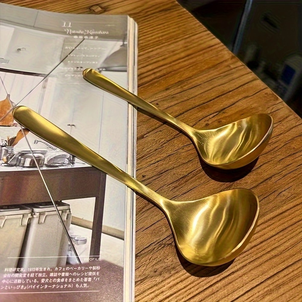 Elegant Golden Stainless Steel Large Spoons for Hot Pot, Soup, Porridge - Long Handles