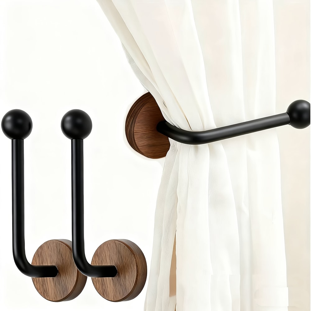 Pack Modern Adhesive Curtain Holdbacks with Walnut Wood Base – No Drill, Heavy Duty Wall Mount