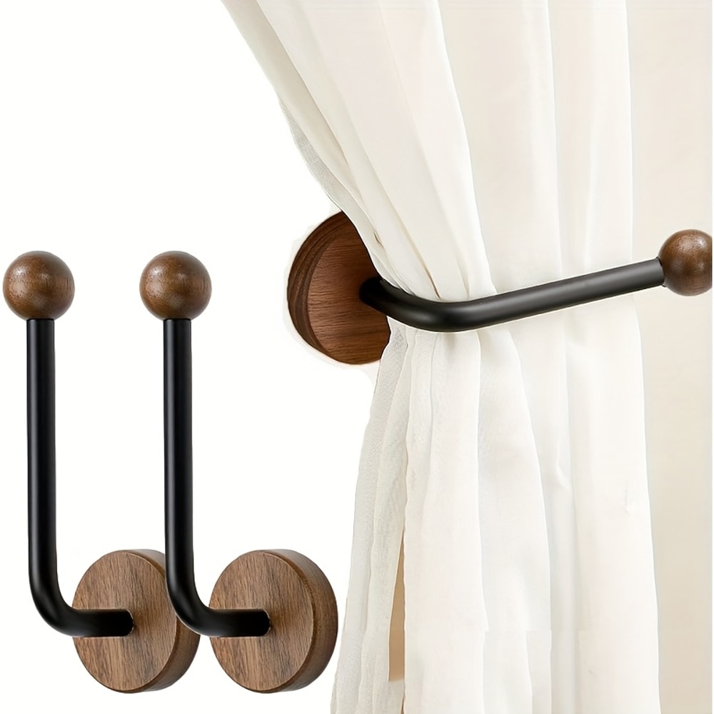 Pack Modern Adhesive Curtain Holdbacks with Walnut Wood Base – No Drill, Heavy Duty Wall Mount