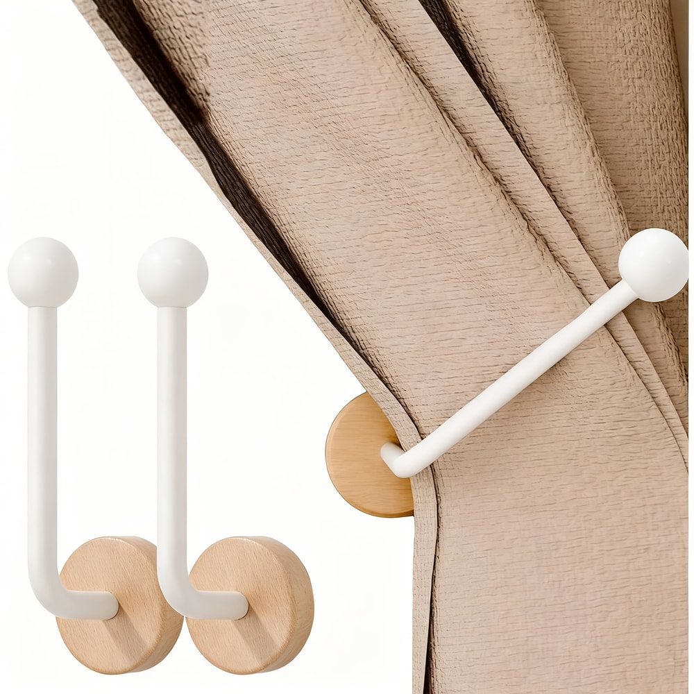 Pack Modern Adhesive Curtain Holdbacks with Walnut Wood Base – No Drill, Heavy Duty Wall Mount