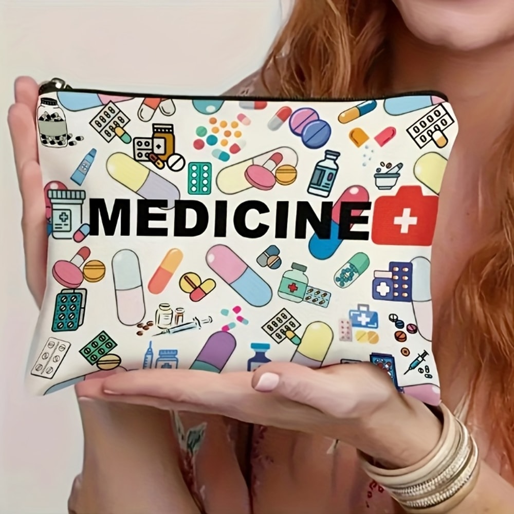 Medicine-Themed Cosmetic Travel Bag - Foldable Lightweight Zippered Makeup Organizer with Pill & Syringe Design, Durable