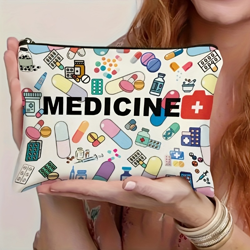 Medicine-Themed Cosmetic Travel Bag - Foldable Lightweight Zippered Makeup Organizer with Pill & Syringe Design, Durable