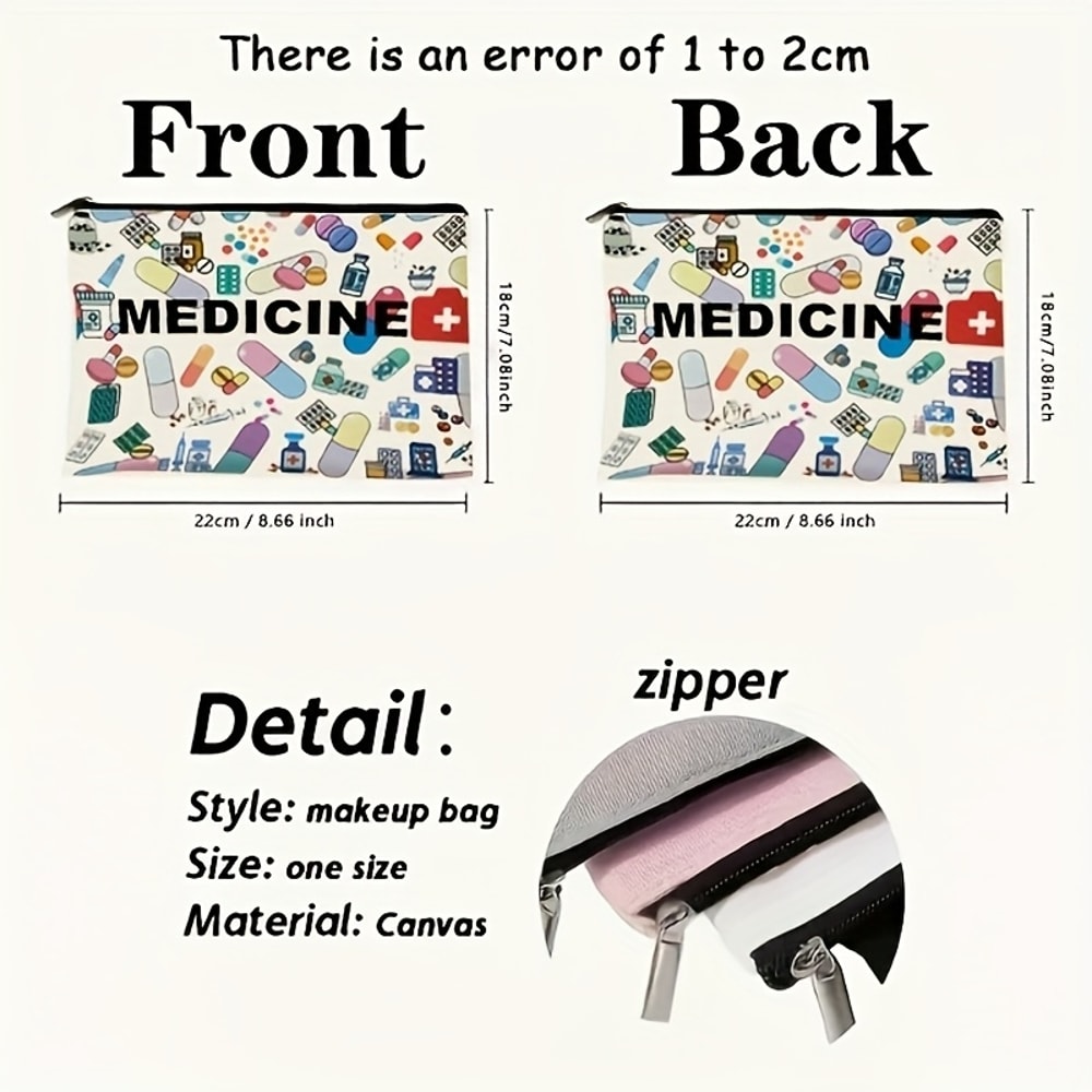 Medicine-Themed Cosmetic Travel Bag - Foldable Lightweight Zippered Makeup Organizer with Pill & Syringe Design, Durable