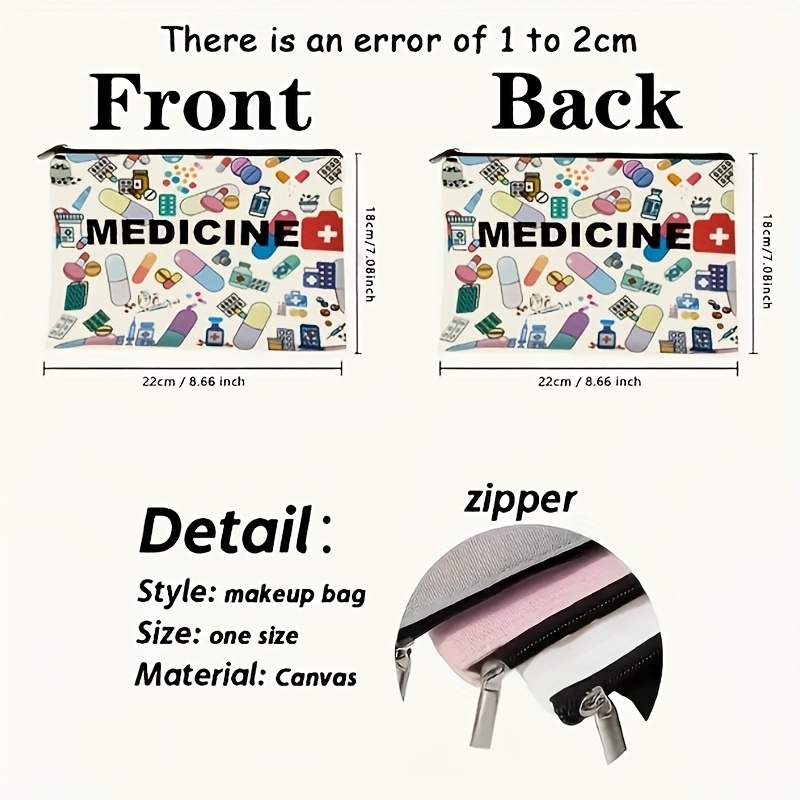 Medicine-Themed Cosmetic Travel Bag - Foldable Lightweight Zippered Makeup Organizer with Pill & Syringe Design, Durable
