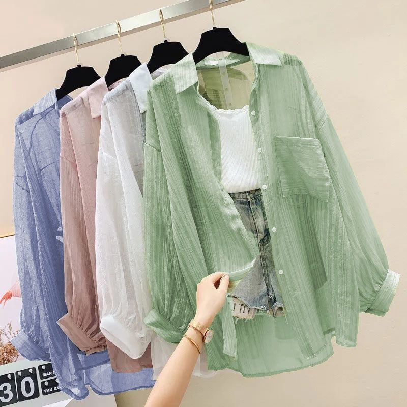 Elegant Summer Sunscreen Chiffon Blouse Casual Women See Through Cardigan 0