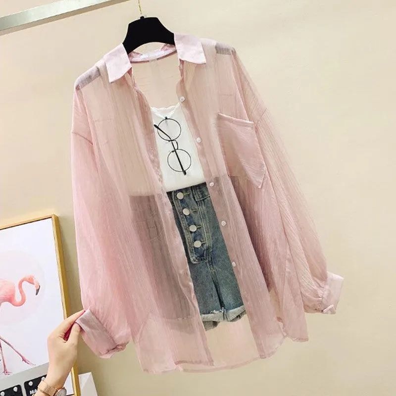 Elegant Summer Sunscreen Chiffon Blouse Casual Women See Through Cardigan 6