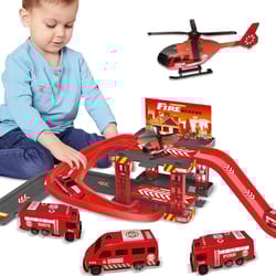 children multi storey parking lot toy set fire, police, dinosaur cars