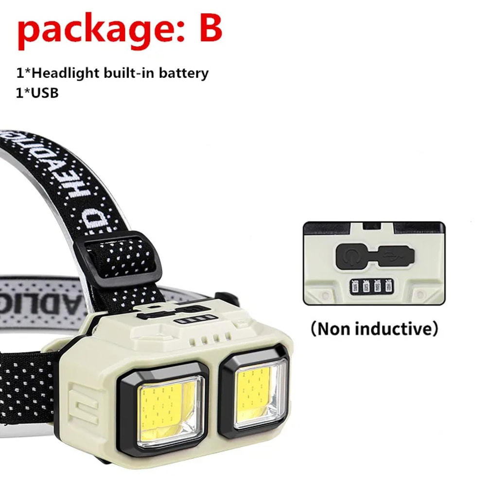 COB Headlamp Torch USB Rechargeable, Waterproof Camping & Fishing Light