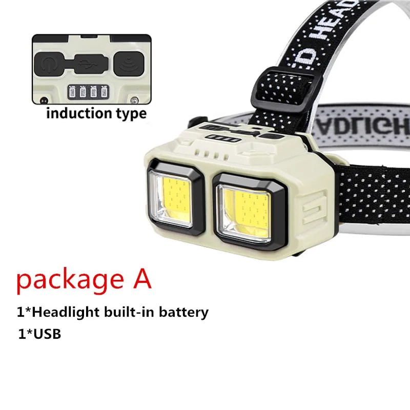 COB Headlamp Torch USB Rechargeable, Waterproof Camping & Fishing Light