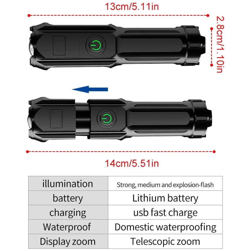 Powerful LED Flashlight Lumen Rechargeable USB Tactical Waterproof Fishing & Hunting Light