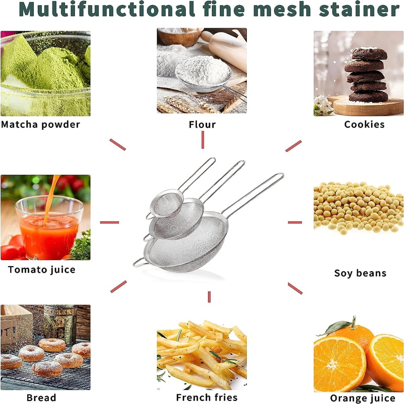 Stainless Steel Fine Mesh Strainer Set For Baking Cooking 3