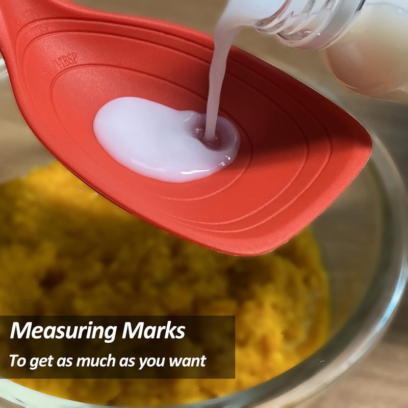Large Silicone Cooking Spoon Set Non Stick Solid Spoon with Deep Bowl and Measurement Marks for Mixing, Serving