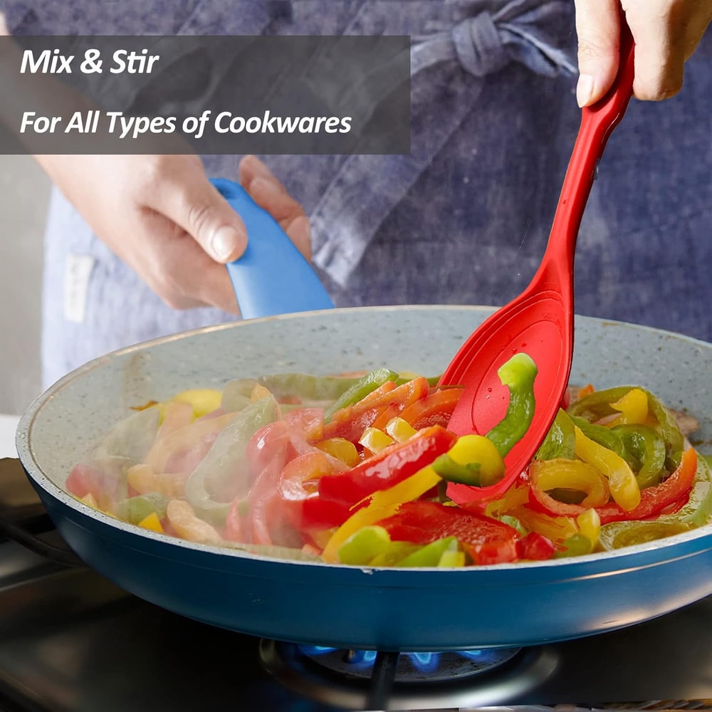 Large Silicone Cooking Spoon Set Non Stick Solid Spoon with Deep Bowl and Measurement Marks for Mixing, Serving