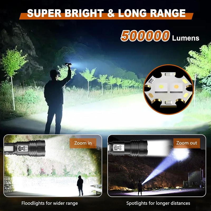 High Power Rechargeable LED Flashlight Super Strong Long Range Torch With Built In Battery For Outd 0