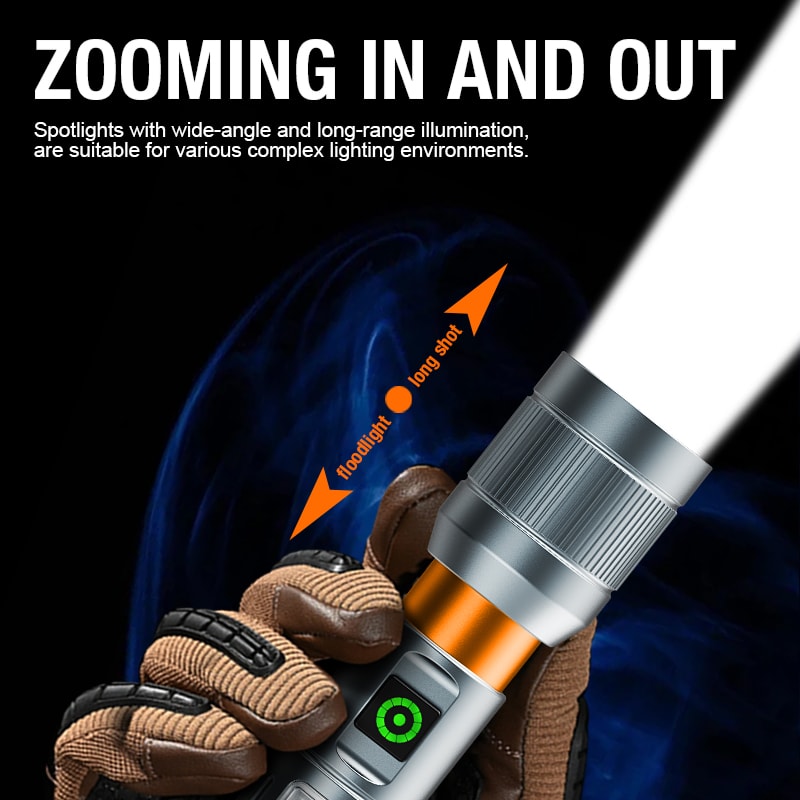 Rechargeable Ultra Bright Flashlight with Multi Light Source Zoom Long Beam & Side Flood Light for Outdoor Emergencies