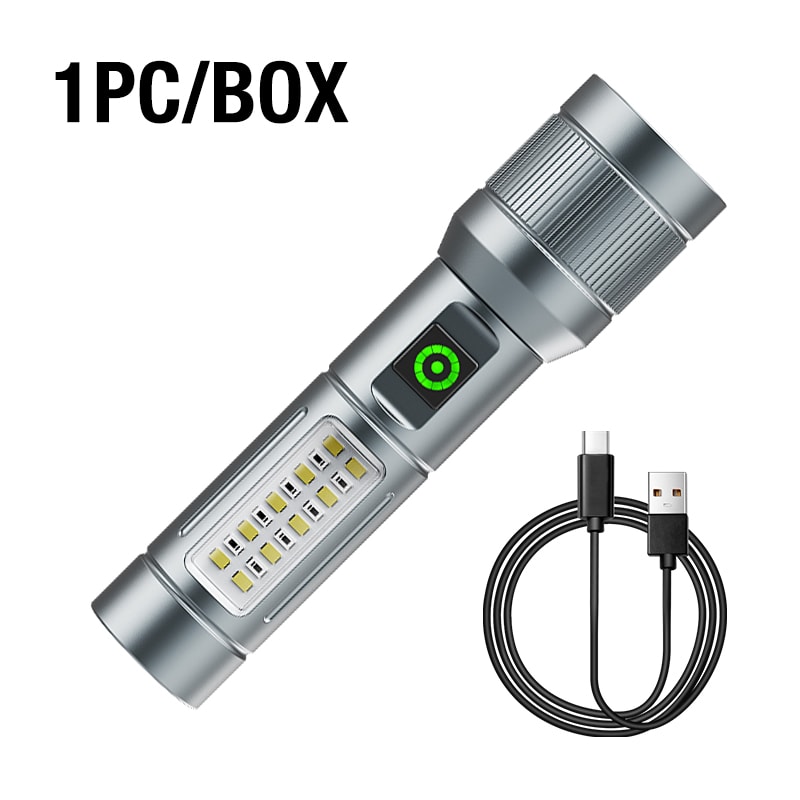 Rechargeable Ultra Bright Flashlight with Multi Light Source Zoom Long Beam & Side Flood Light for Outdoor Emergencies