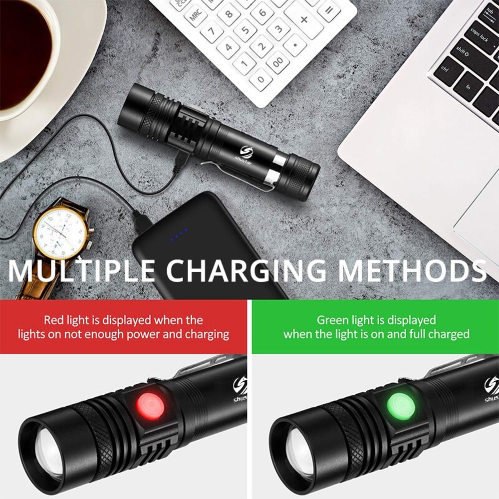 High Power LED Flashlight With Zoom Waterproof Lamp Lighting Modes USB Charging 3