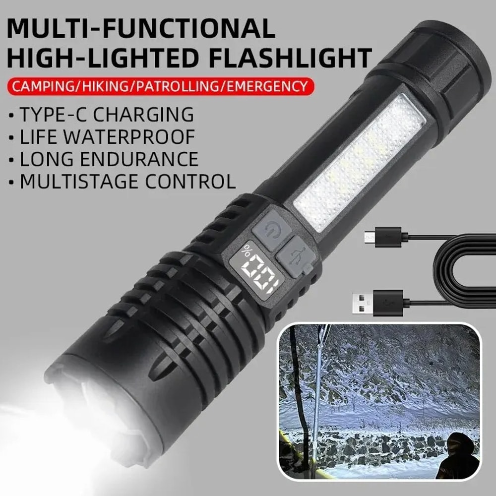 High Power Tactical LED Flashlight USB Rechargeable Camping Torch With Telescopic Zoom Built In Ba 1